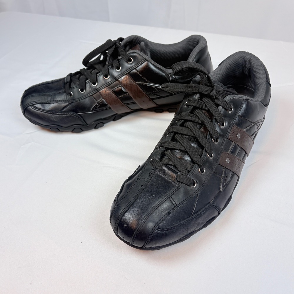 Vtg Y2K Skechers Mens Black Brown Leather Stripe Casual Sneakers 62018  10.5